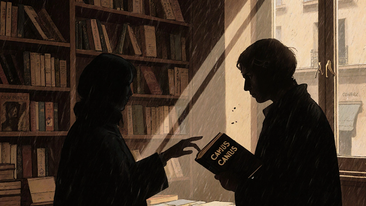 Two people nearly touching in a Paris bookshop, rain on the window, shelves of French literature around them.