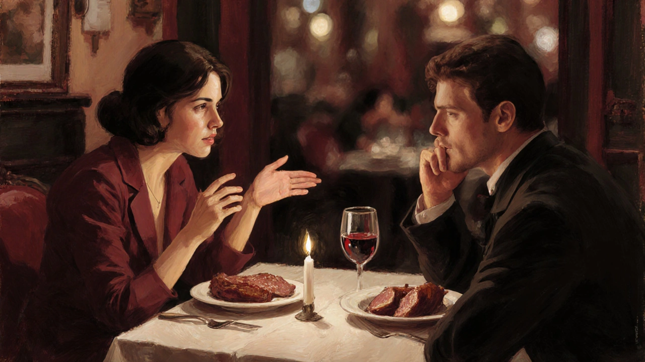 Two people share a quiet dinner at a candlelit Parisian bistro, laughing over wine and duck confit.
