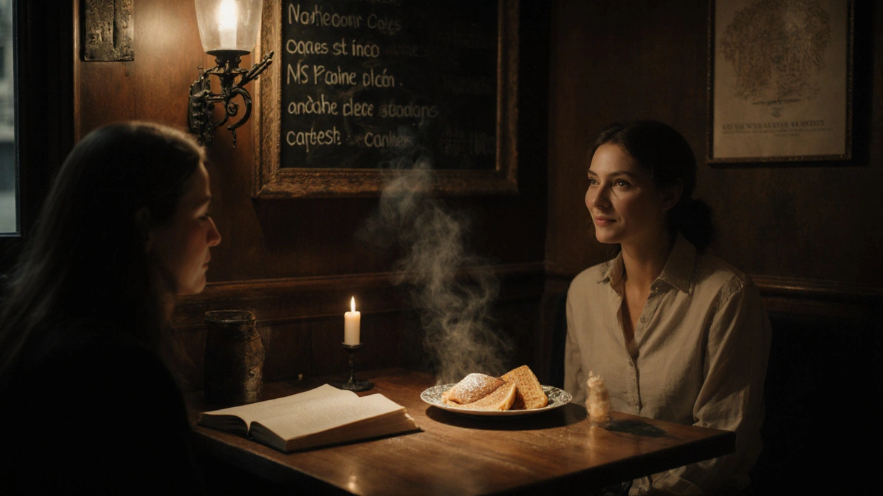 Two people share a quiet dinner at a cozy Parisian crêperie, candlelight glowing on wooden tables and steaming crêpes.