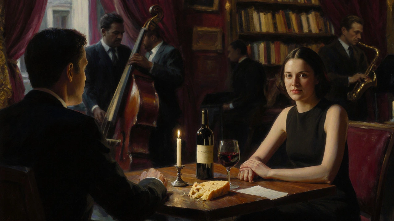 Two people share a quiet dinner at a Parisian bistro, candlelight reflecting off wine glasses and cheese plates.