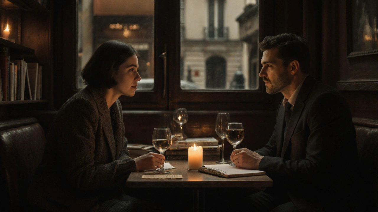 Two people share a quiet dinner by candlelight in a cozy Parisian bistro.