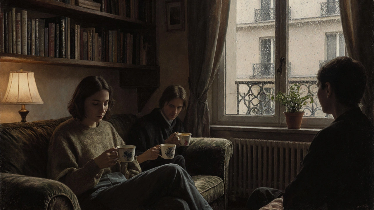 Two people sharing tea in a cozy apartment, sitting silently on a velvet sofa, rain streaking the window behind them.