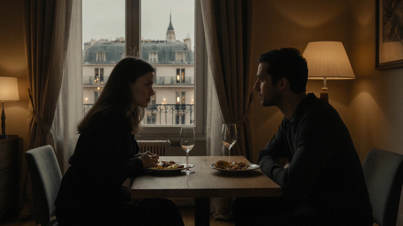Two people sitting at a simple table in a modern Paris apartment, sharing a quiet moment with wine and food, city lights visible through the window.