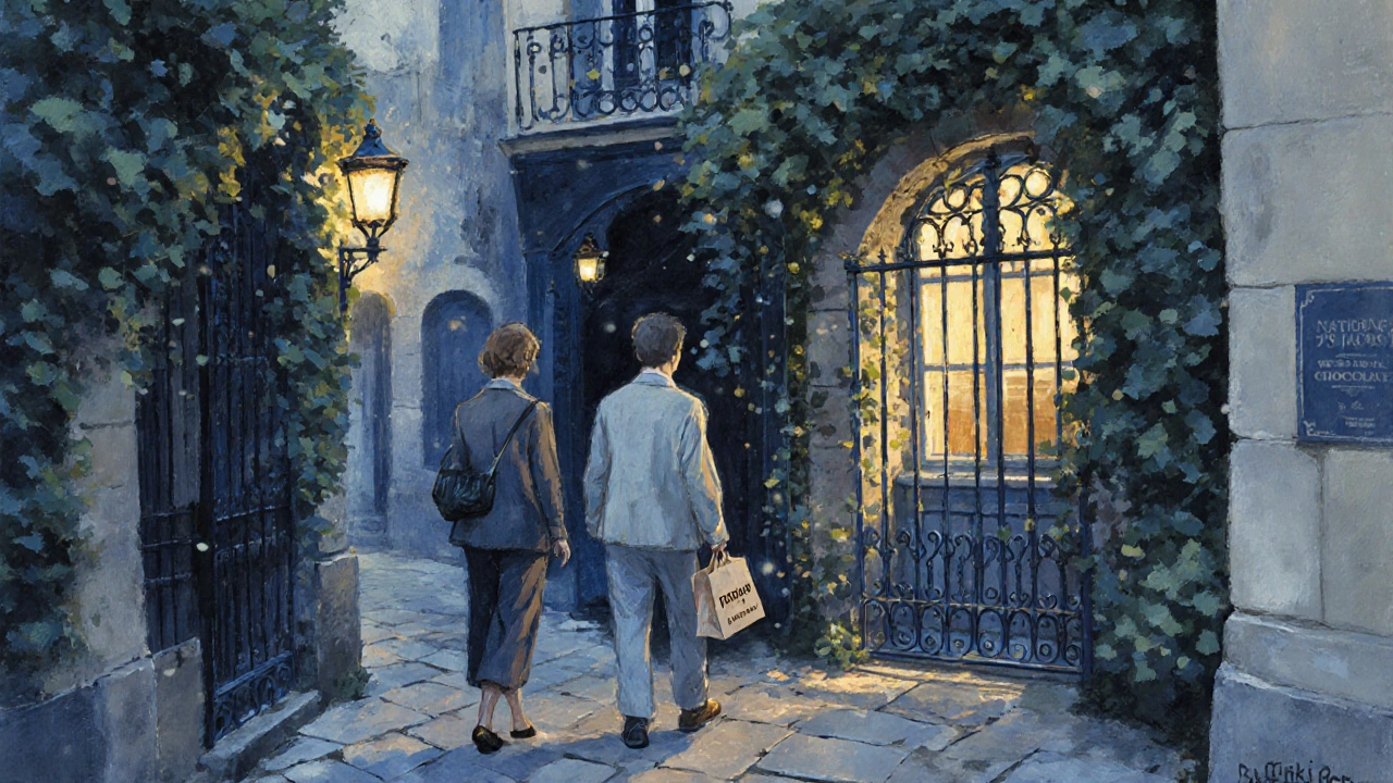 Two people walk through a quiet, ivy-covered courtyard in Paris&#039;s 7th arrondissement, lanterns glowing softly nearby.