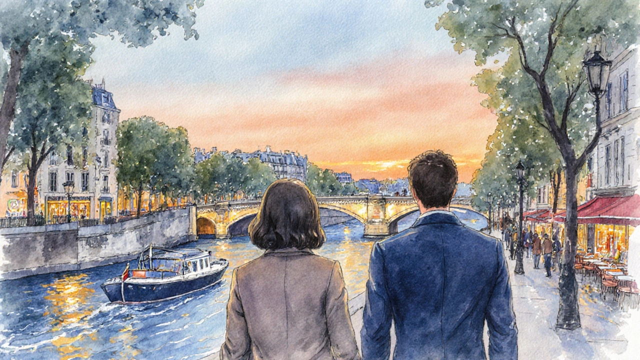 Two people walking along the Seine at dusk, the Eiffel Tower glowing in the distance.