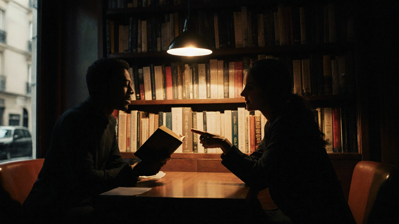 Two silhouettes share a quiet moment in a dim bookstore café, books lining the shelves behind them.