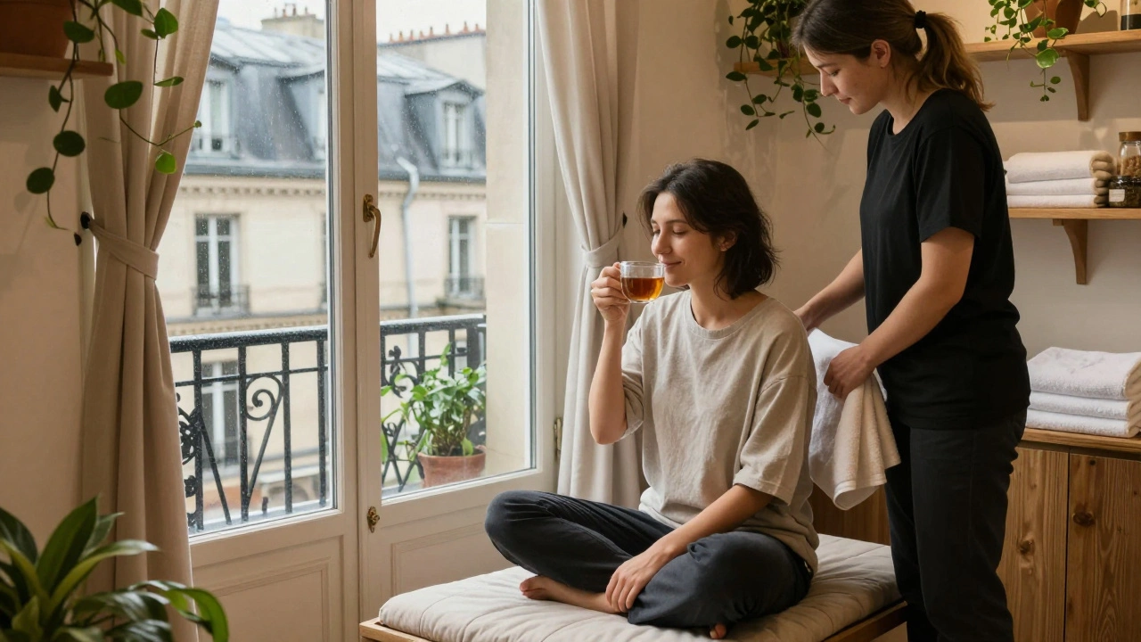 A client sipping tea after a massage, gazing out a window at Paris rooftops in quiet reflection.