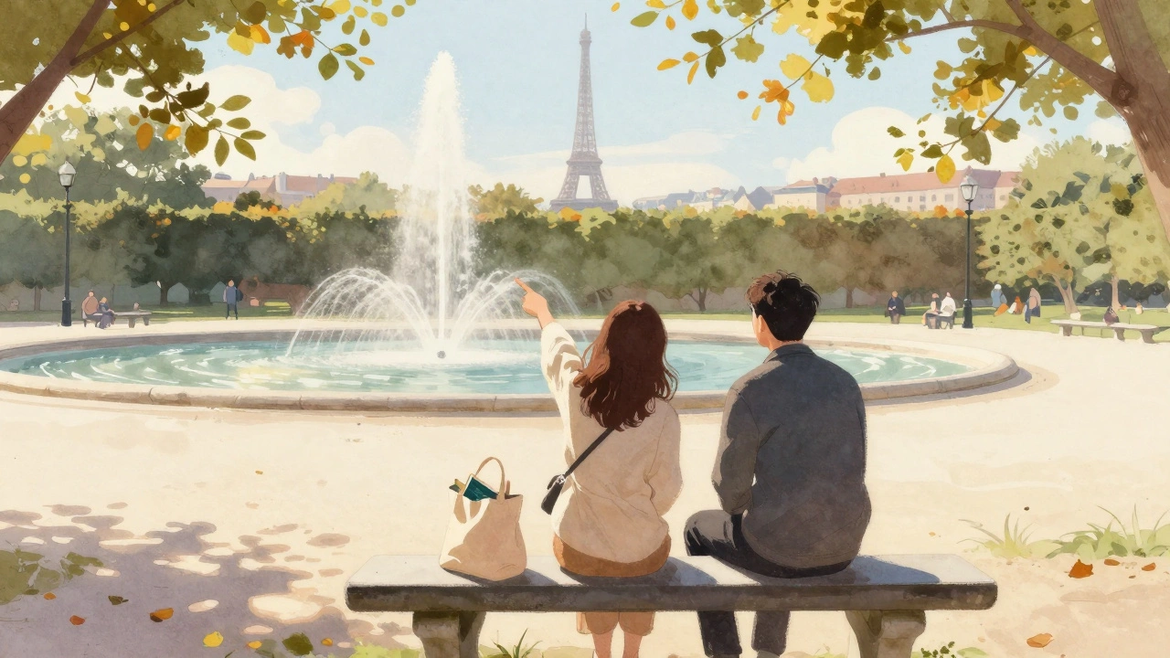 A companion and client sit together on a garden bench in Luxembourg Gardens, enjoying a peaceful afternoon.