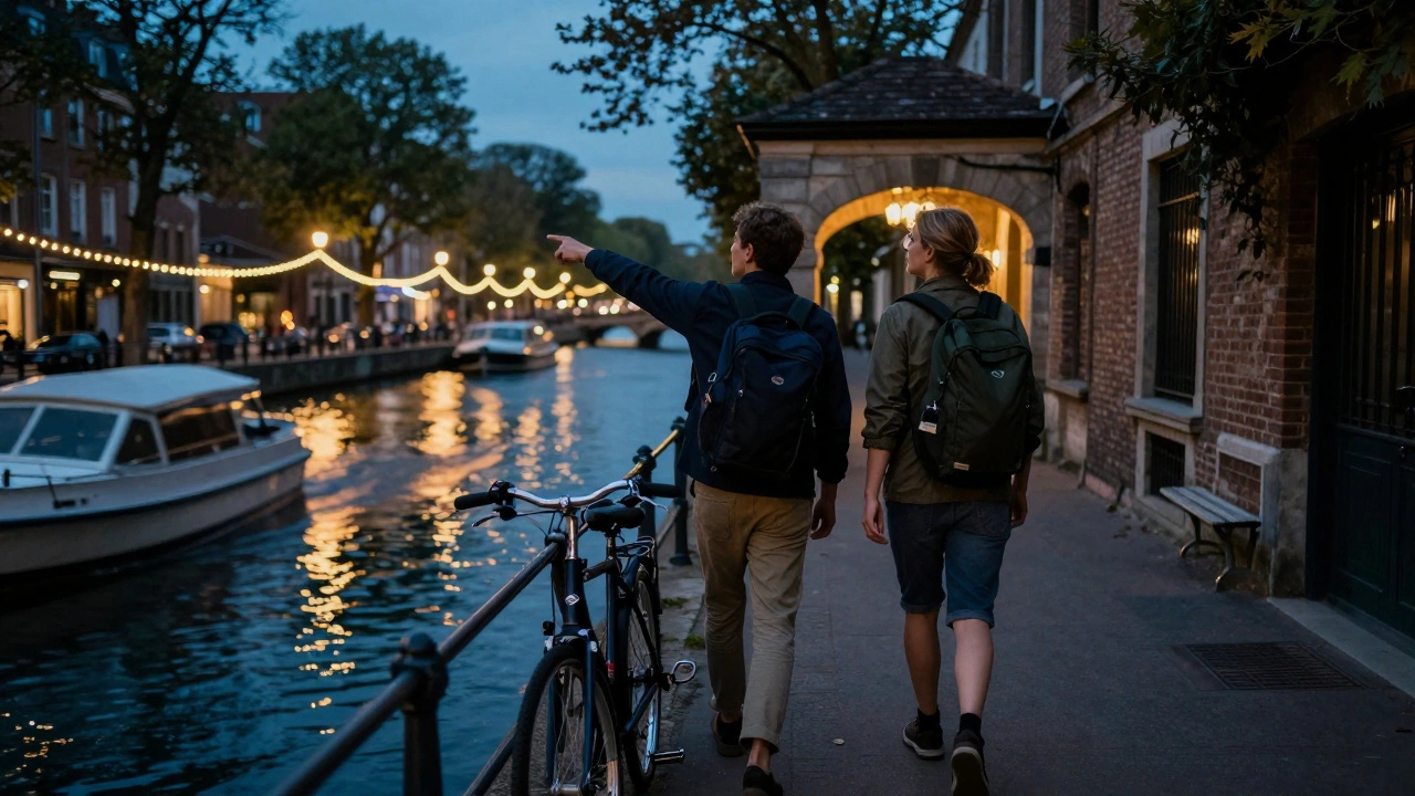 A companion and client walk along the Canal Saint-Martin at twilight, exploring Paris together.