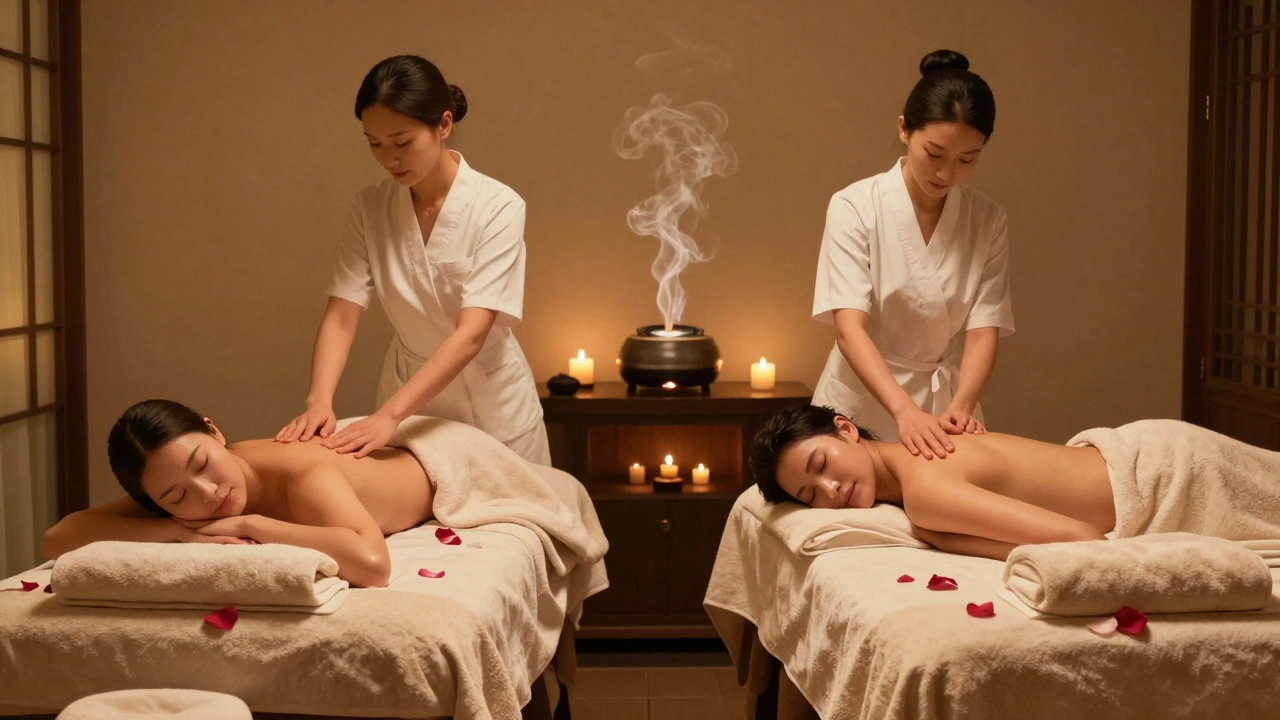A couple enjoying side-by-side massages in a luxury hotel spa, surrounded by candles and tranquility.