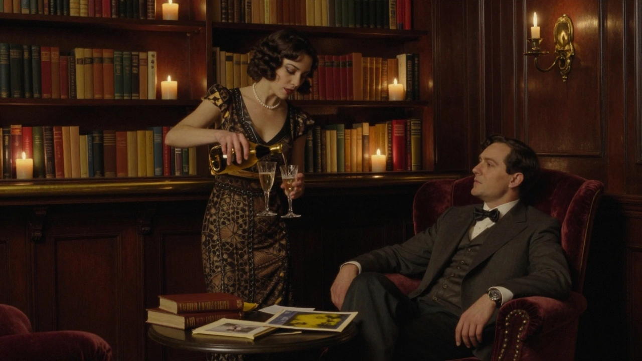 A couple shares champagne in a hidden Parisian speakeasy lit by candlelight and bookshelves.