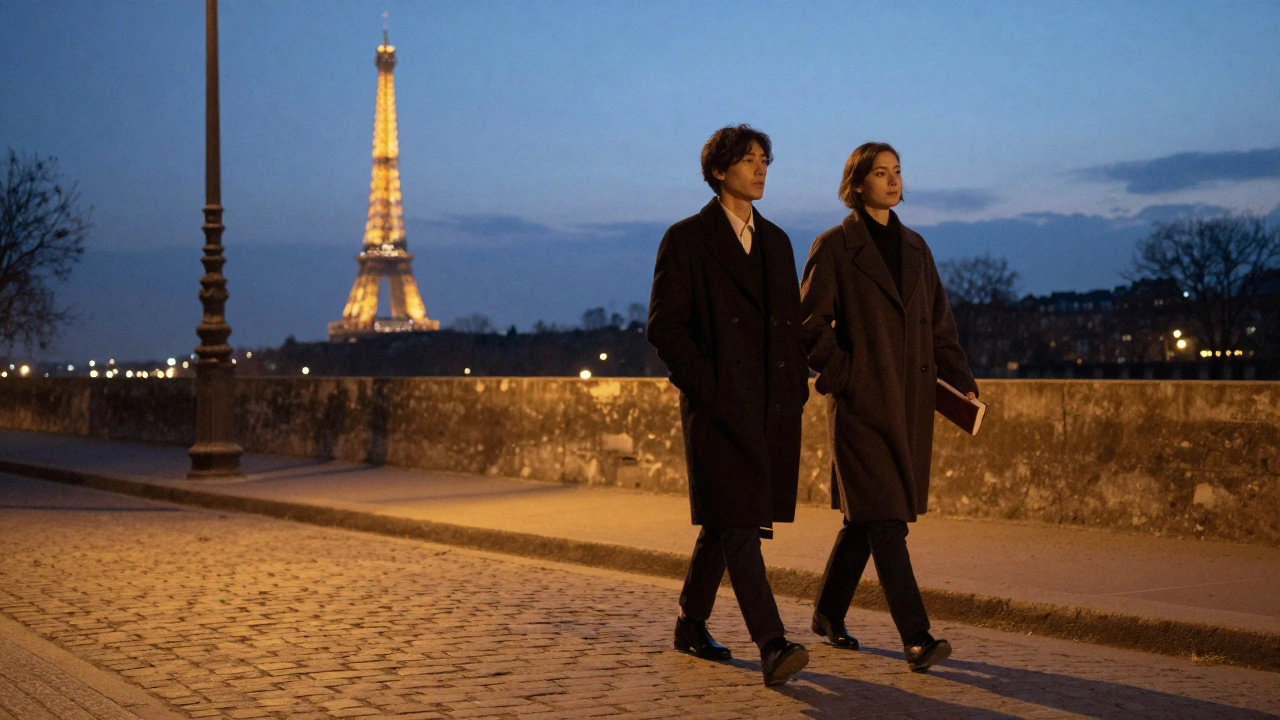 A couple walking along the Seine at twilight, Eiffel Tower glowing softly in the distance.