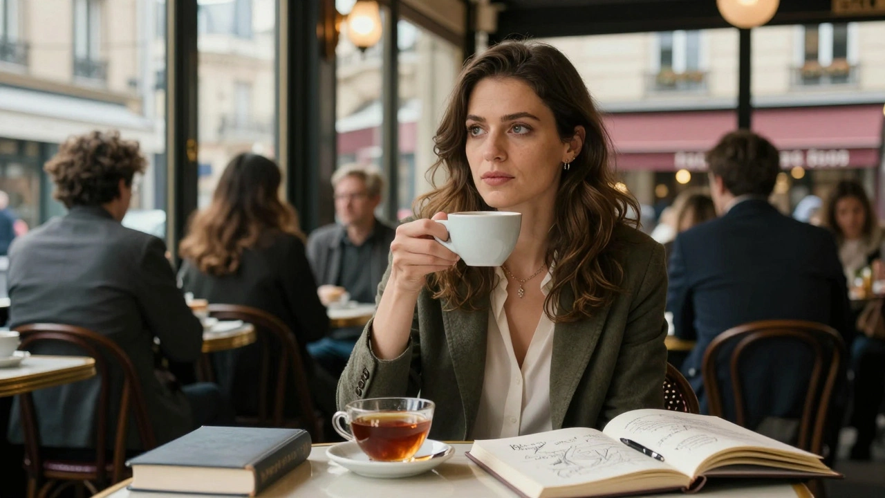 A cultured woman speaks calmly in a Parisian café, books and tea beside her, natural morning light streaming in.