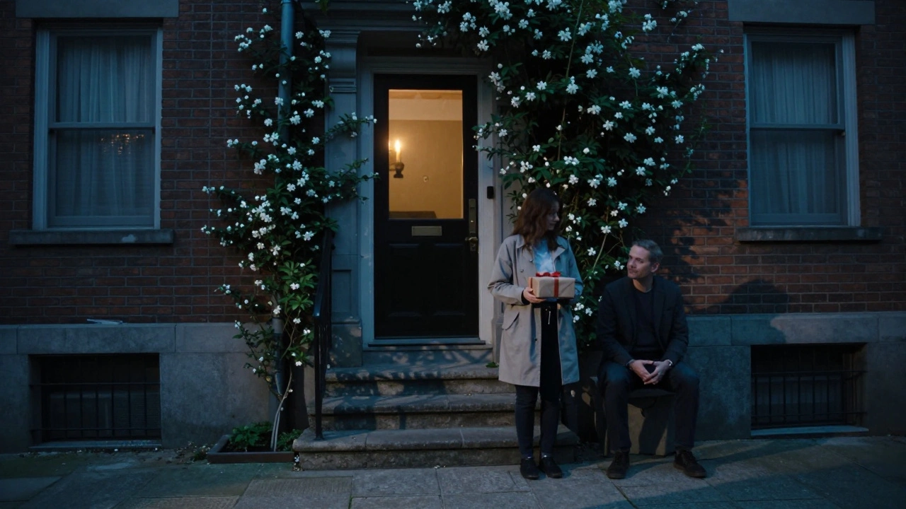 A dimly lit apartment entrance in a residential courtyard of the 13th arrondissement, with jasmine vines and a glowing candle.