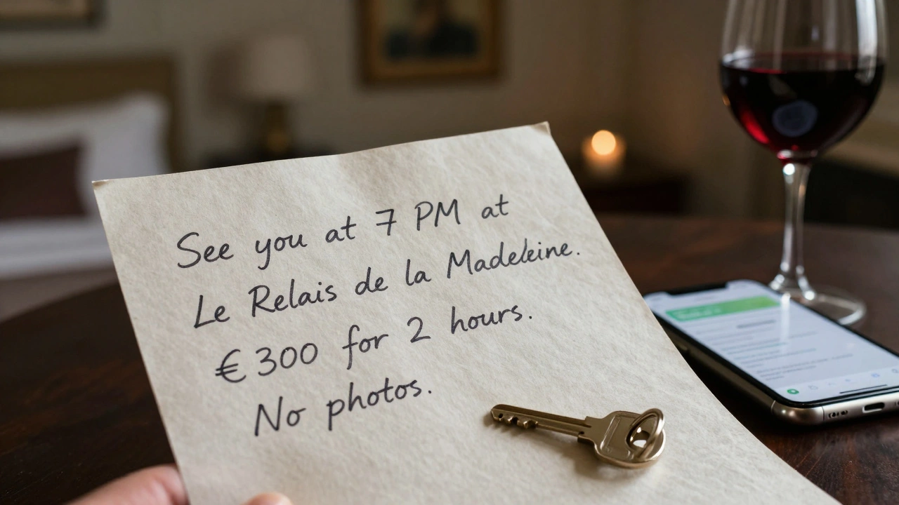 A handwritten meeting note and hotel key beside a glass of wine, symbolizing discreet companionship.