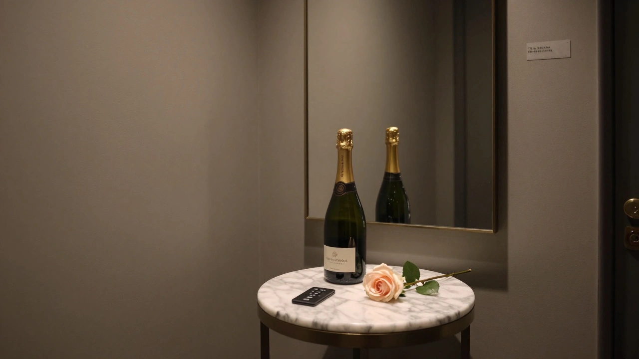 A keycard and champagne sit on a marble table in a luxury hotel hallway, no names visible, only quiet elegance.