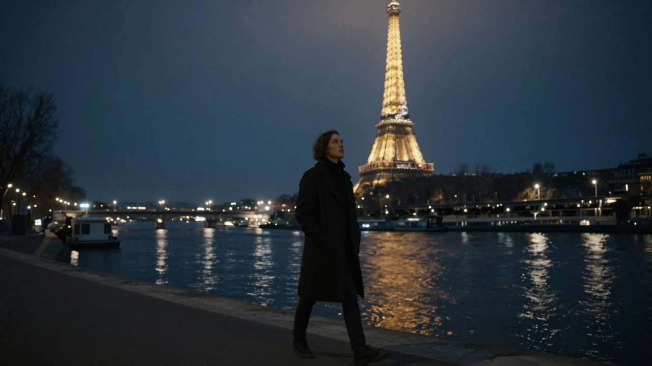 A lone walker along the Seine at midnight, the Eiffel Tower glowing in the distance.