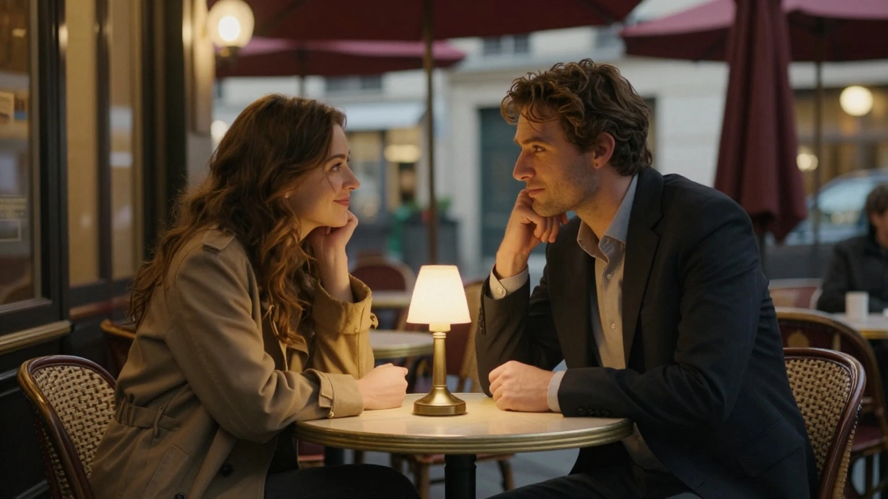 A man and woman having an intimate, quiet conversation in a cozy Parisian café at night.