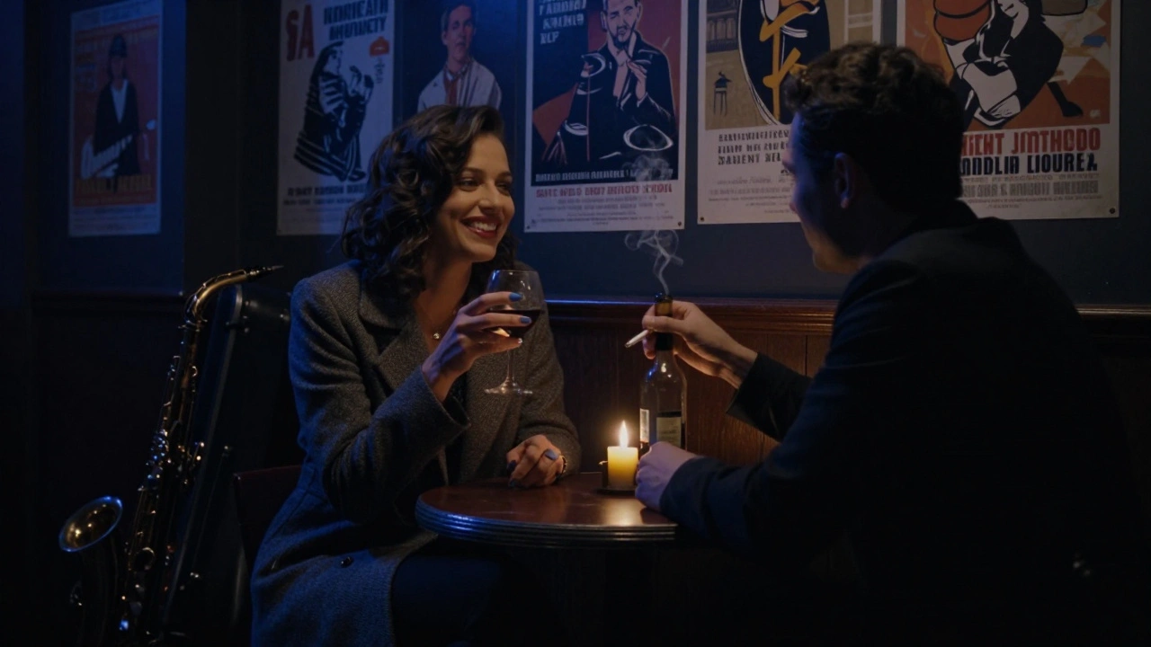 A man and woman share a quiet laugh in a dim jazz bar, their fingers nearly touching over a wine bottle.