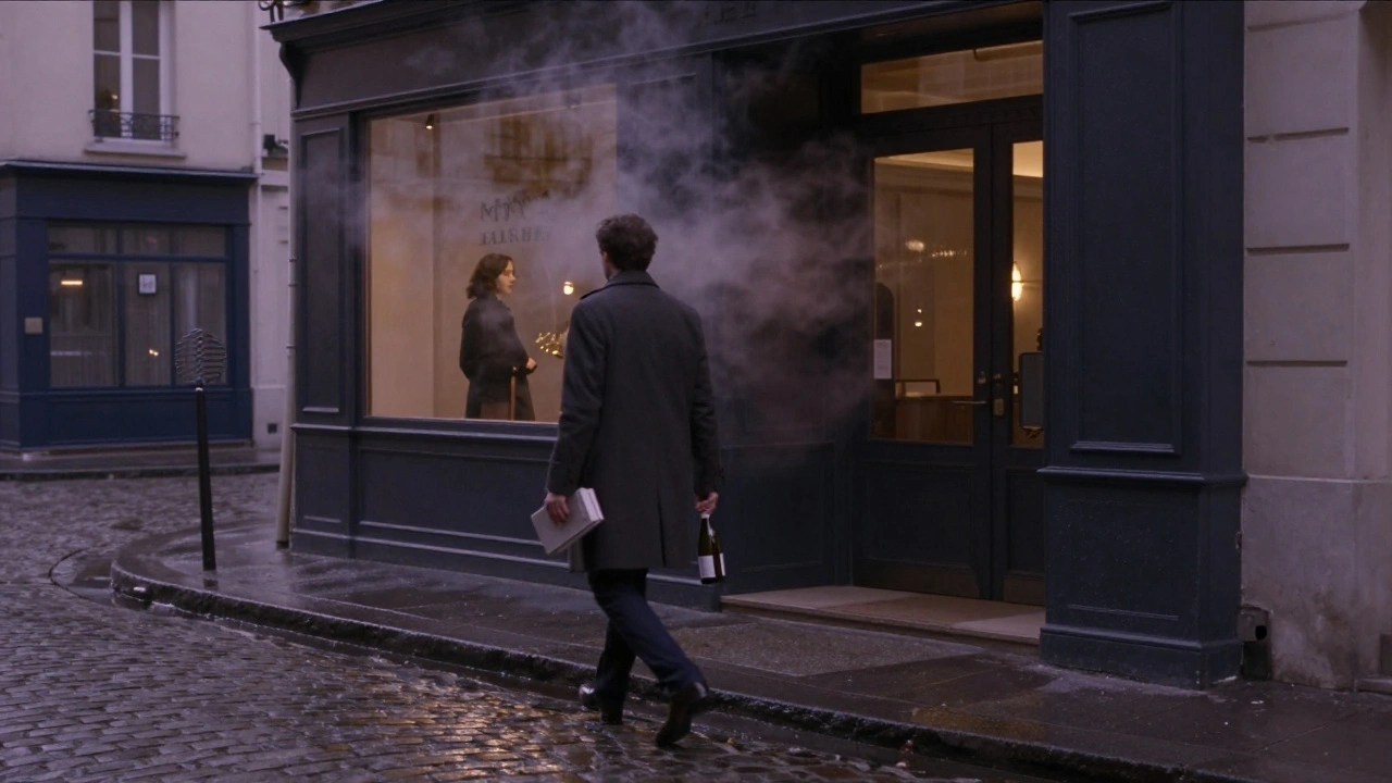 A man walks away from a hotel at dawn holding a gift, a woman watches from a lit window above in quiet Paris street.