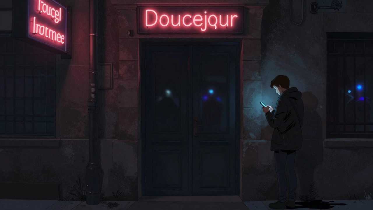 A mysterious hidden door in a Paris alley with glowing French text, a hesitant tourist, and distant police lights suggesting an illegal operation.