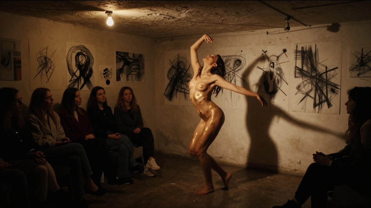 A performance artist in a dim Montmartre gallery, moving slowly under golden spotlights with gold leaf accents on their skin.