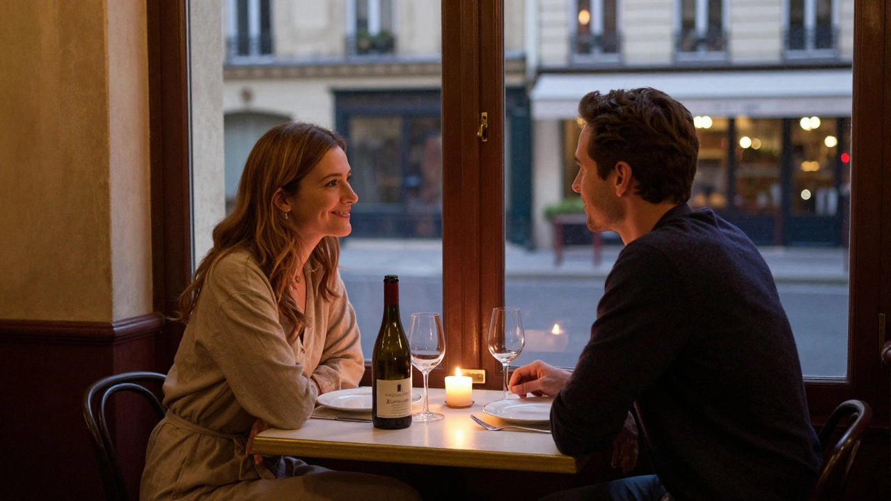 A private dinner at an intimate Paris bistro, candlelight reflecting on fine dinnerware and wine.