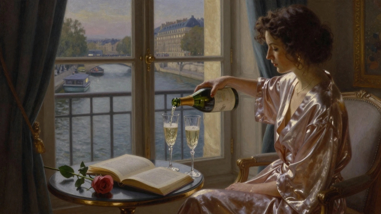 A private Paris apartment at night with champagne being poured beside a window overlooking the Seine.