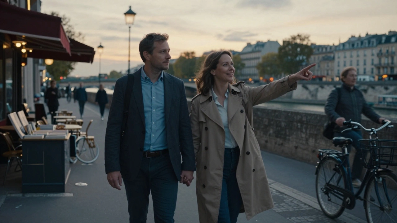 A professional companion guiding a client along the Seine at sunset, away from tourist crowds.