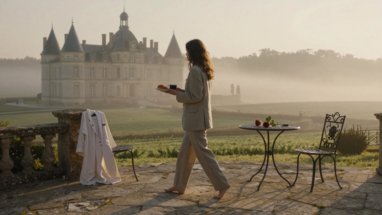 A serene morning at a Provence château, with a woman walking barefoot on a stone terrace as dawn light filters through misty fields.
