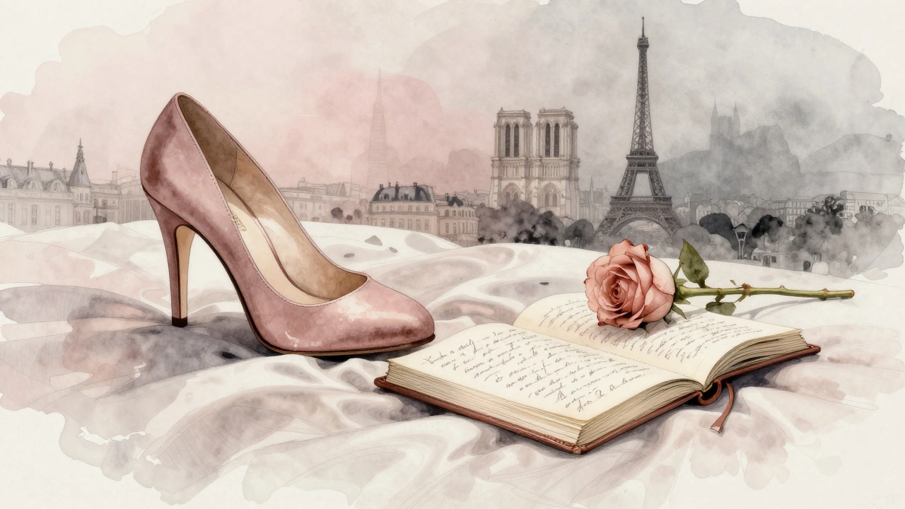 A single high-heeled shoe and open journal rest on a silk bedsheet, symbolizing a private, intimate Parisian encounter.
