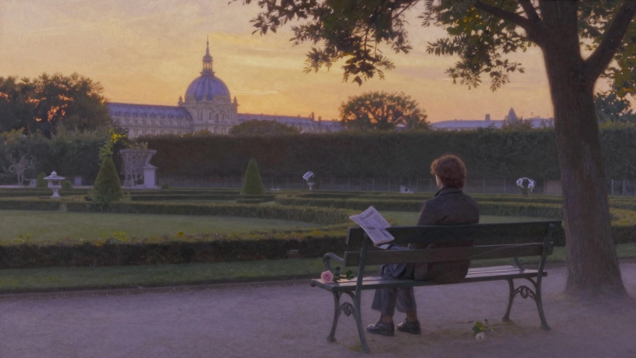A solitary figure sits alone on a garden bench at sunset in Jardins du Ranelagh, surrounded by serene greenery.