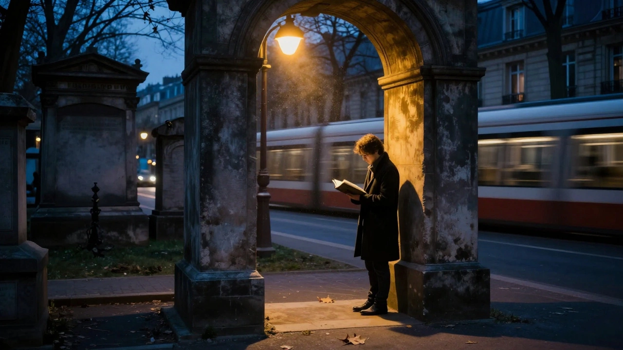 A solitary figure stands under an archway near a historic cemetery, golden light illuminating dust in the air at twilight.