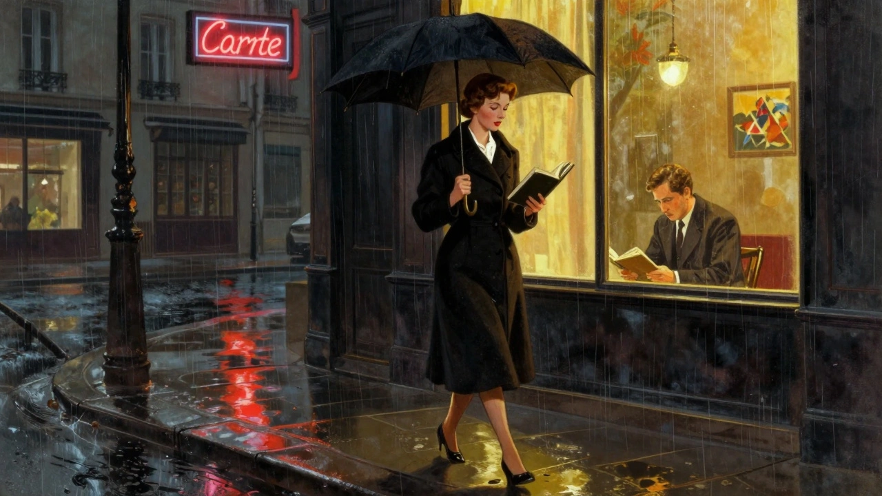 A stylish woman walks through rainy Paris streets at night, umbrella in hand, passing a glowing café window.