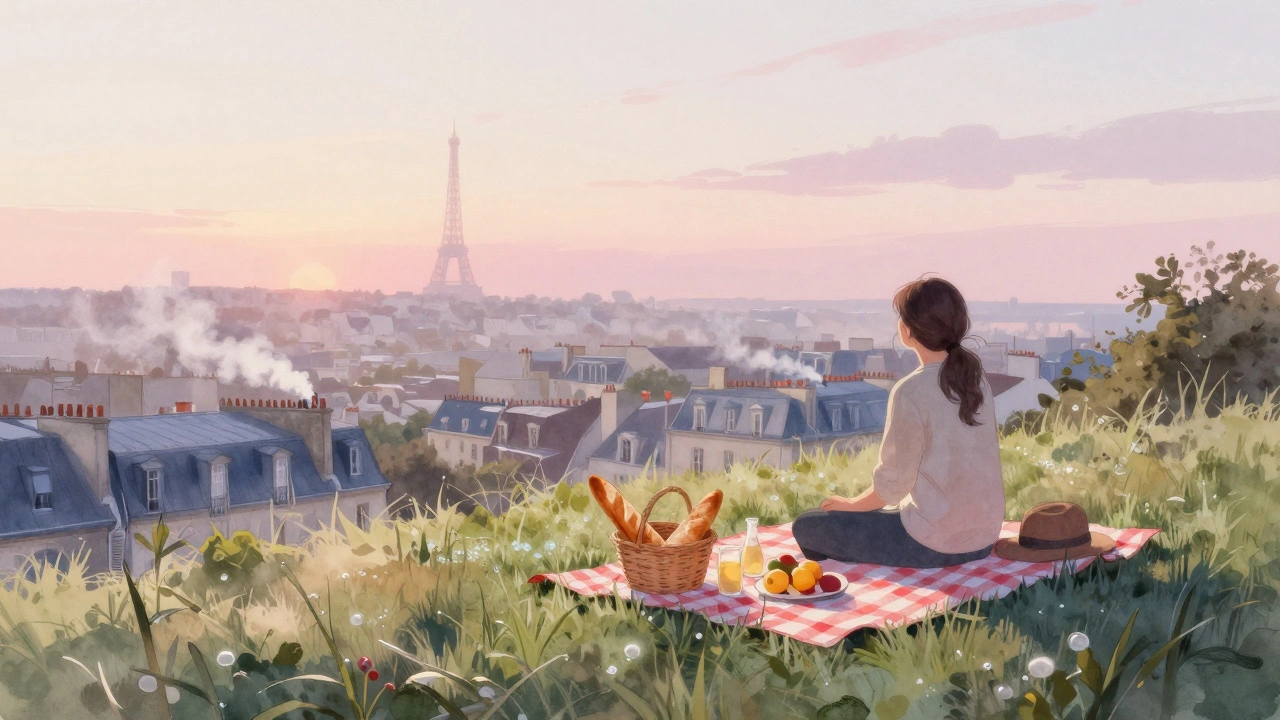 A sunrise picnic atop Butte-aux-Cailles with a view of Paris, fresh bread and fruit on a checkered cloth under a soft pastel sky.