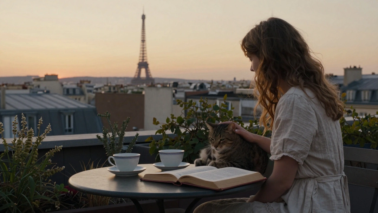 A woman and cat relax on a rooftop at sunset in Paris, teacups and a book beside them, city lights glowing softly in the distance.