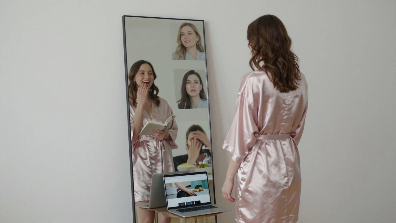 A woman gazing at her reflection, surrounded by subtle images of human connection and quiet intimacy.
