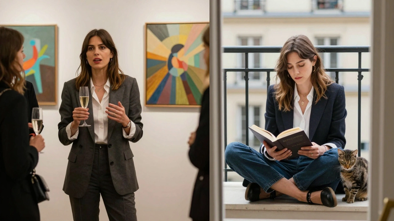A woman in a suit at a gallery opening contrasts with her quiet moment reading on a sunlit balcony with a cat.