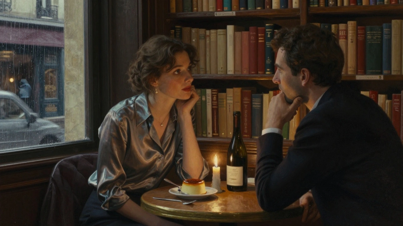 A woman listens intently to a man in a quiet Paris café filled with books, candlelight warming the scene.