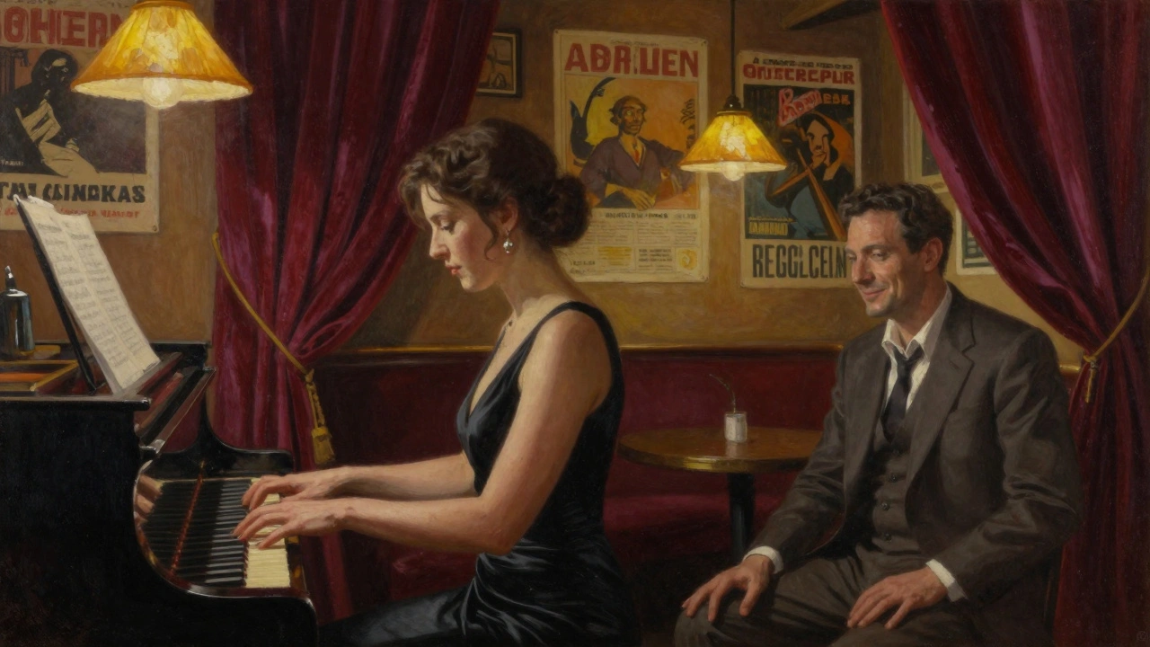 A woman playing piano in a dim jazz club, a man listening intently in the background.