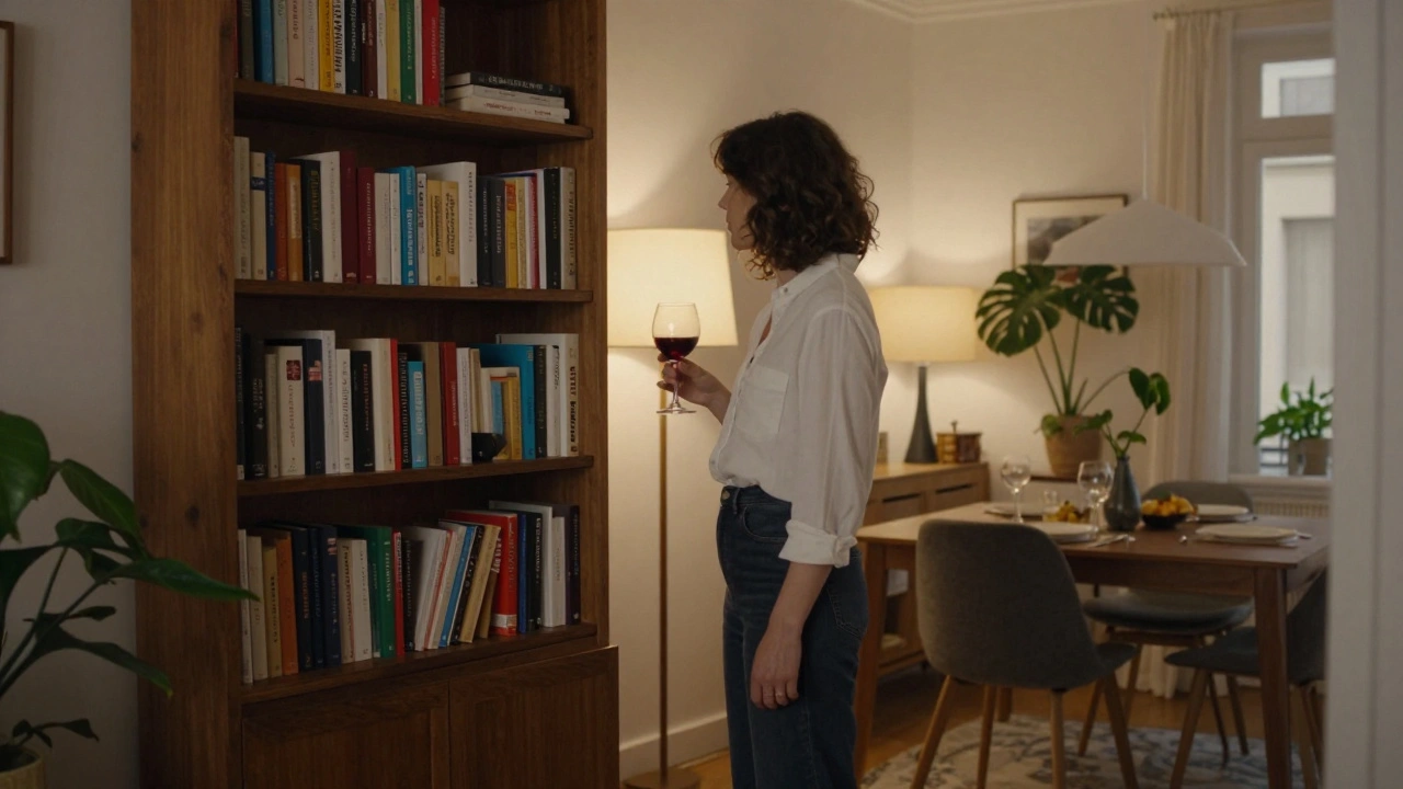 A woman standing by a bookshelf in a cozy Paris apartment, holding a wine glass.