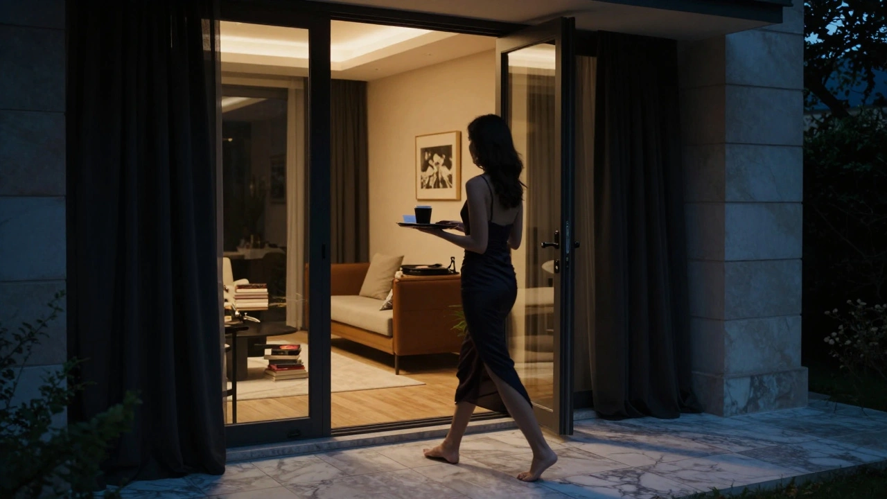 A woman walking barefoot on marble tiles in a luxurious Paris villa, carrying coffee after a private evening.