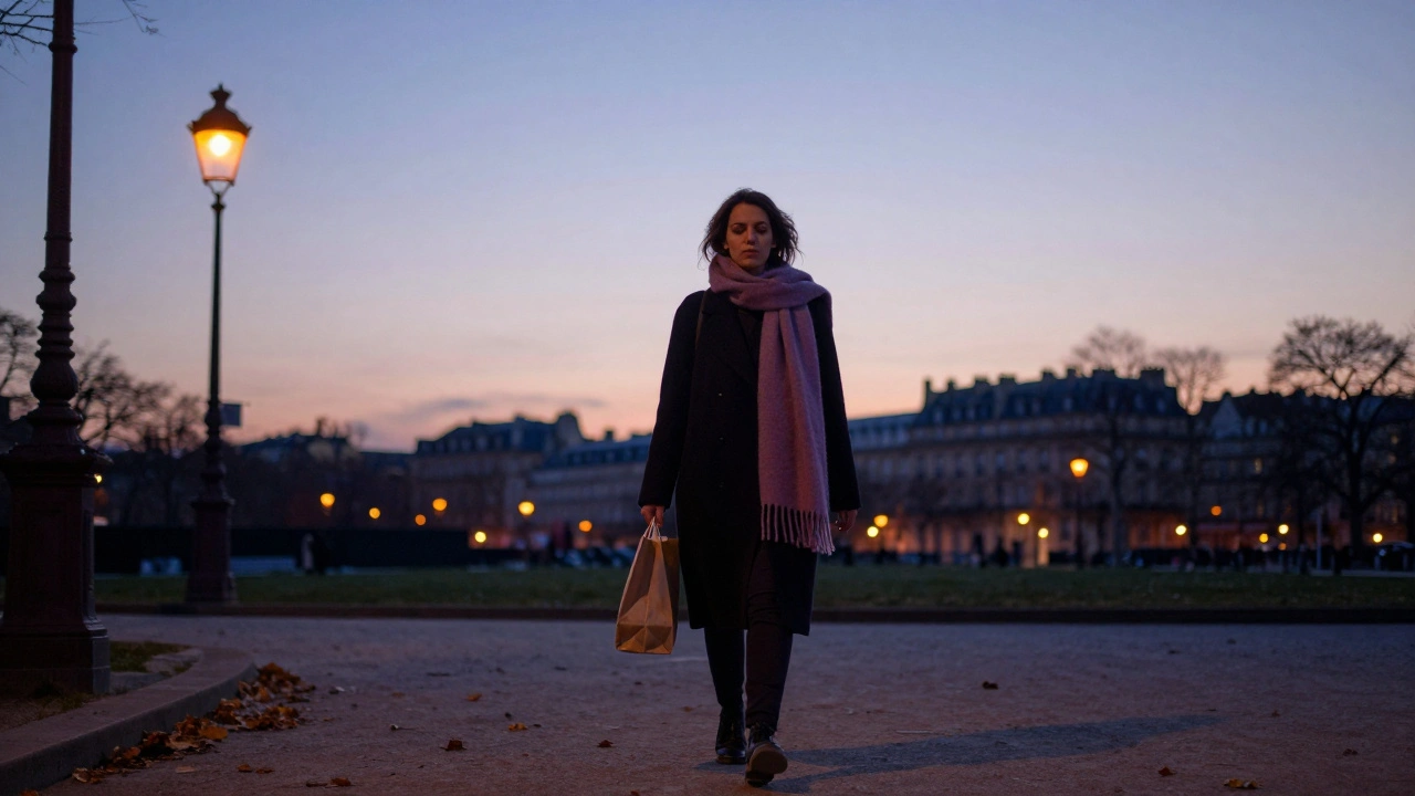 A woman walking peacefully through Parc Monceau at twilight, holding a bakery bag.