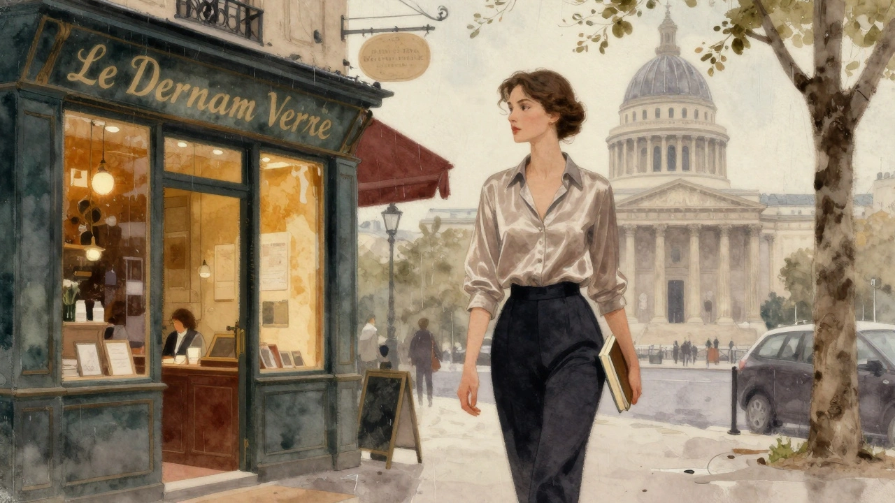 A woman walks through Montparnasse at twilight, holding a book, past a cozy bookstore with warm lights.