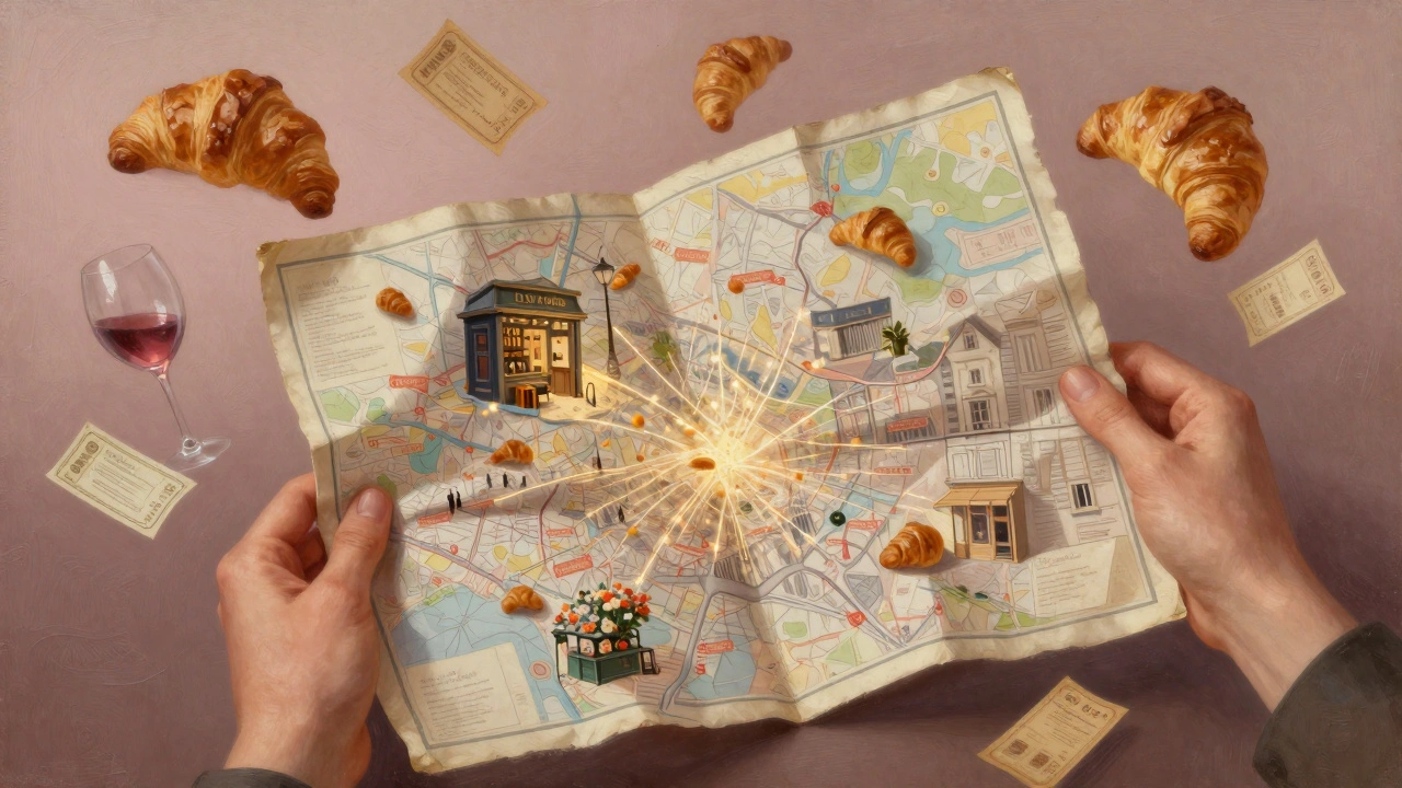 A worn map unfolding to reveal hidden Parisian gems like bookshops and jazz clubs, rendered in dreamy sepia and rose tones.