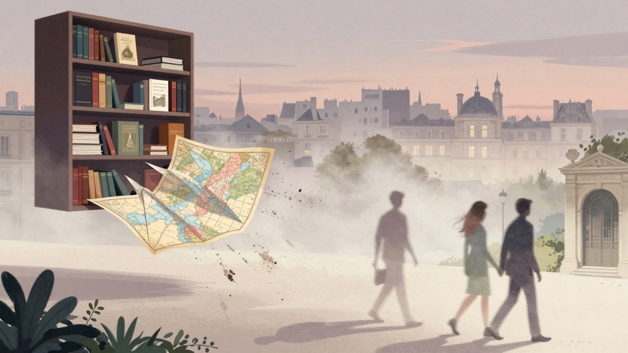 Abstract silhouettes stroll through iconic Paris locations, symbolizing meaningful companionship and cultural connection.