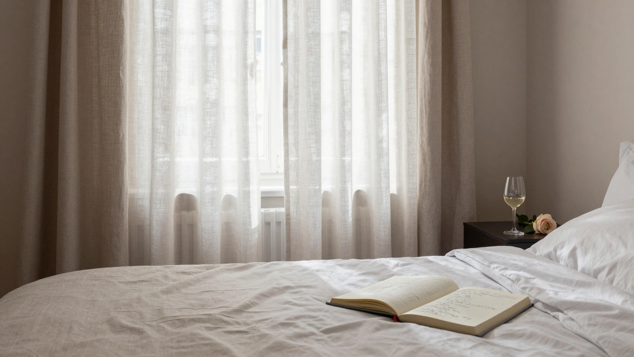 An elegant, empty hotel room with a rose, wine glass, and open journal at dawn.