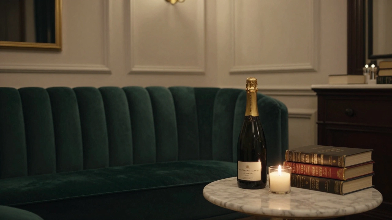 An elegant private salon with soft lighting, champagne, and books, exuding quiet intimacy.