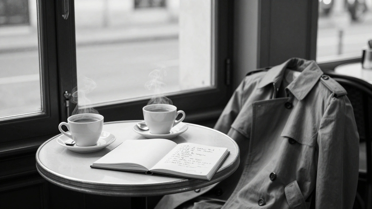 An empty Parisian café table at dawn with two steaming cups of coffee and an open notebook.