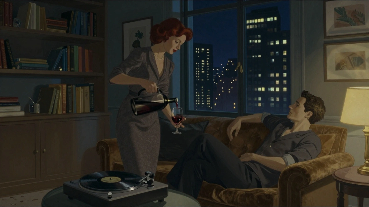 An intimate evening in a elegant Paris apartment with wine, vinyl, and city lights.